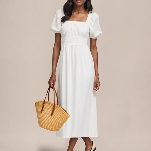 New York & Company Short Sleeve Smocked Square Neck Line Maxi Dress Size MEDIUMM - Picture 2 of 3